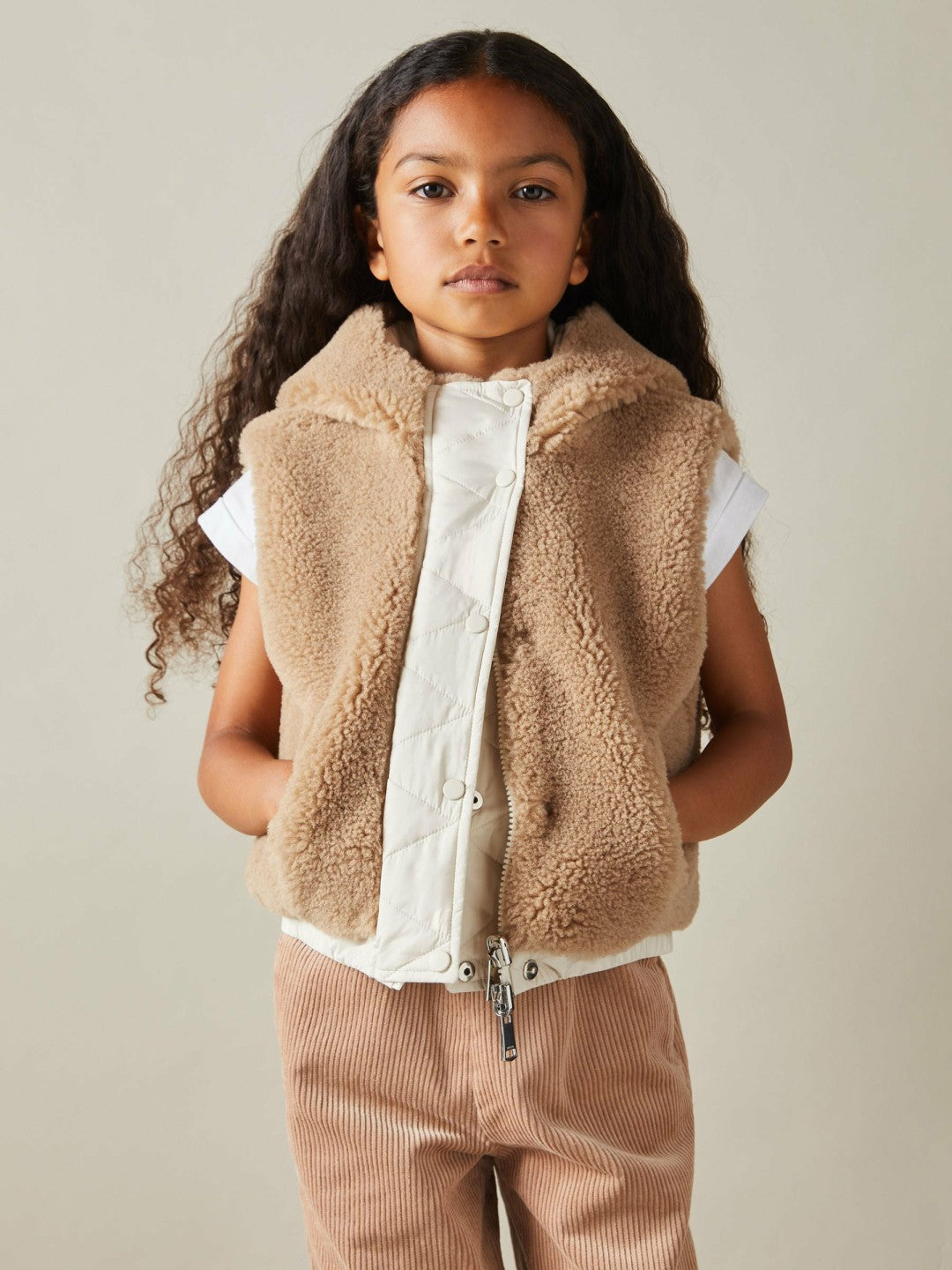 Reiss 9-13 yrs Reversible Quilted Borg Gilet in Brown