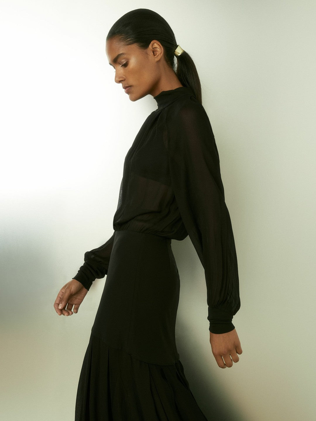 Reiss Sheer Jersey Gathered Maxi Dress in Black