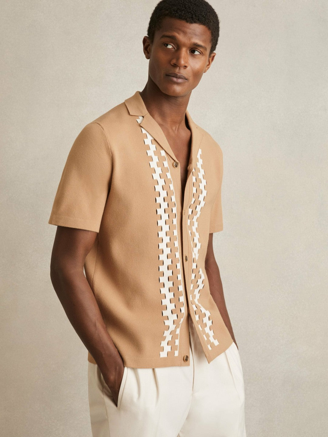 Reiss Geometric Cuban-Collar Knit Shirt in Camel/Off White