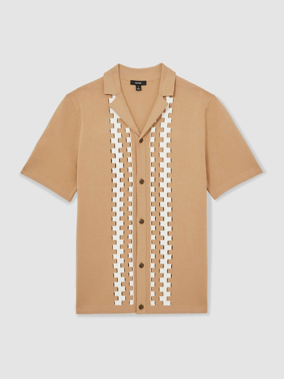 Reiss Geometric Cuban-Collar Knit Shirt in Camel/Off White