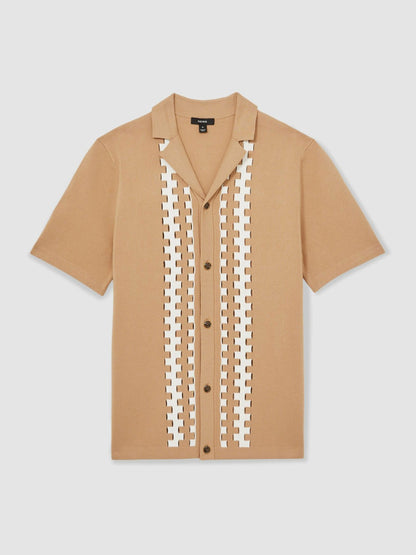 Reiss Geometric Cuban-Collar Knit Shirt in Camel/Off White