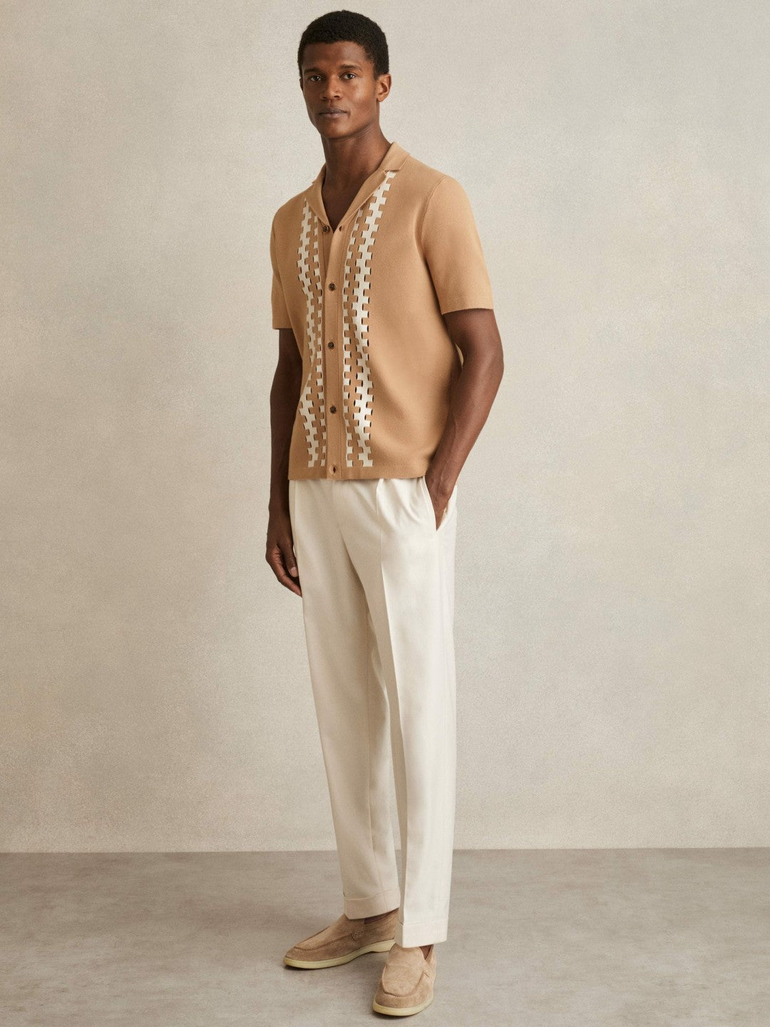 Reiss Geometric Cuban-Collar Knit Shirt in Camel/Off White