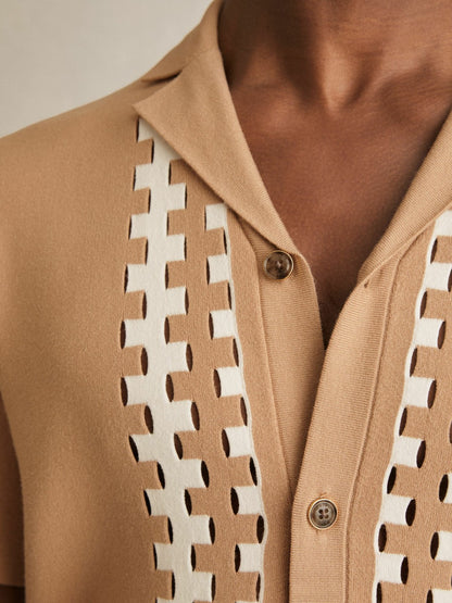 Reiss Geometric Cuban-Collar Knit Shirt in Camel/Off White