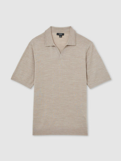 Reiss Merino Wool Open Collar Polo Shirt in Wheat Melange