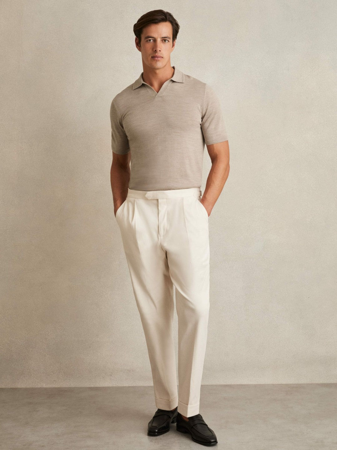Reiss Merino Wool Open Collar Polo Shirt in Wheat Melange