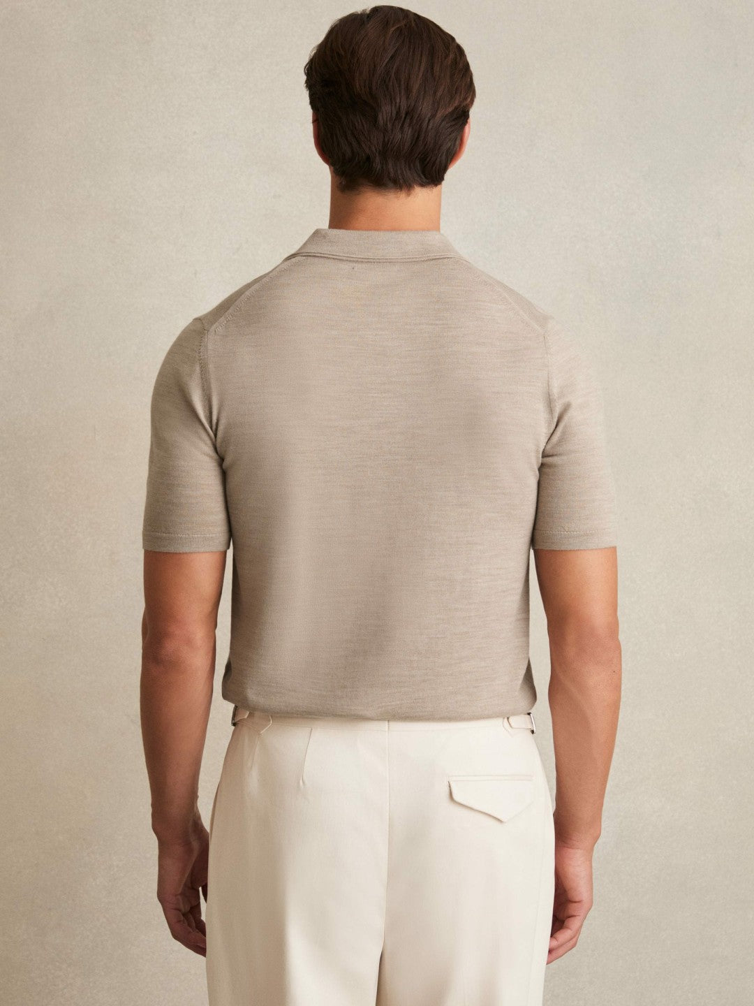 Reiss Merino Wool Open Collar Polo Shirt in Wheat Melange