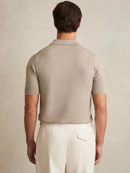 Reiss Merino Wool Open Collar Polo Shirt in Wheat Melange