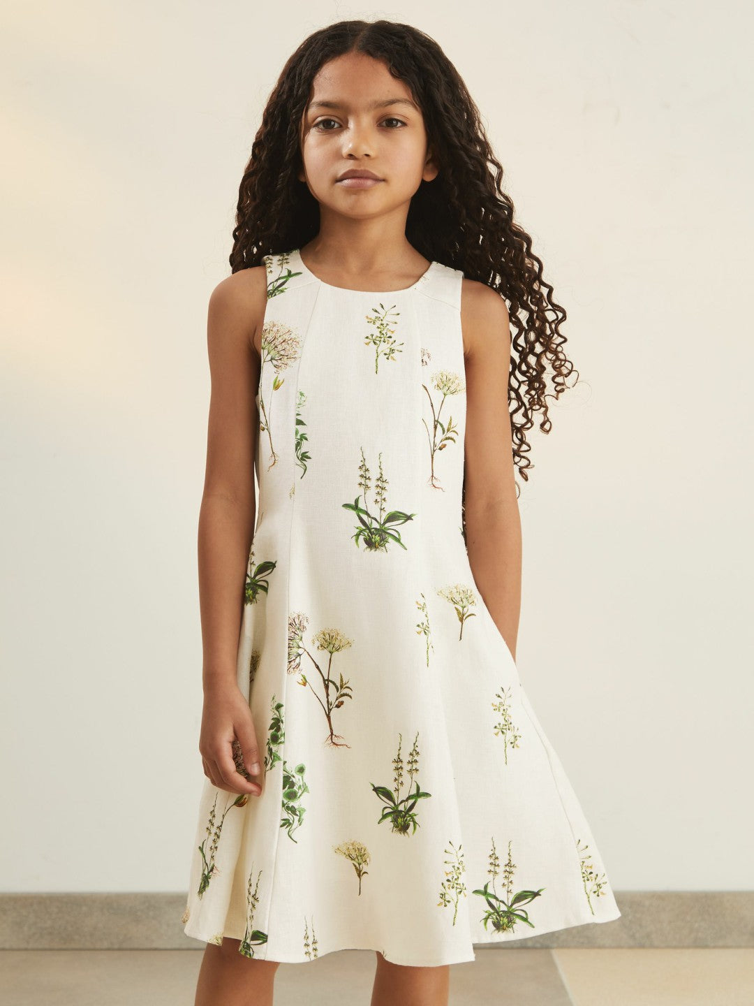 Reiss 13-14 yrs  | NYBG Linen Floral Flared Dress in Ivory