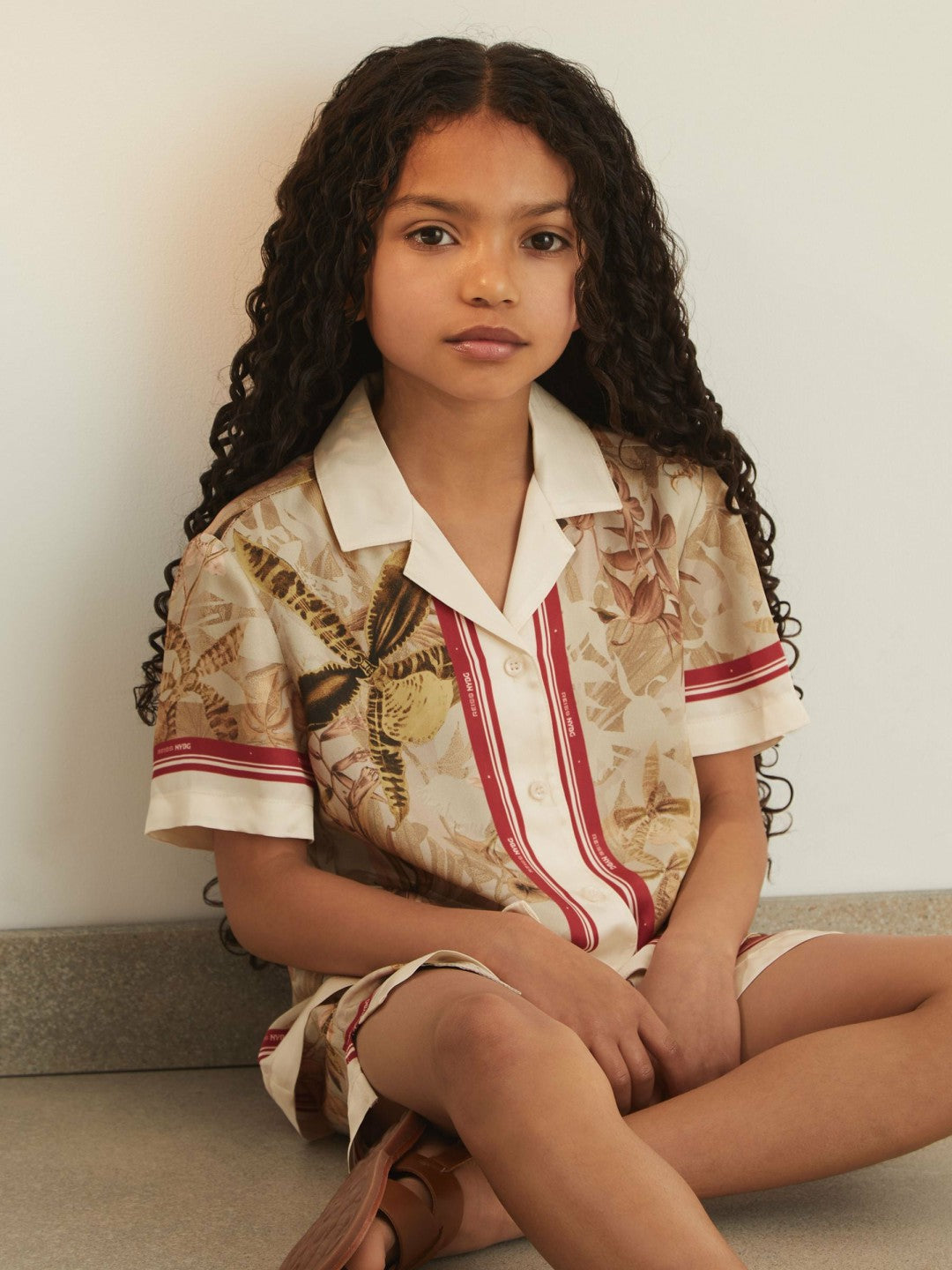 Reiss 13-14 yrs  | NYBG Satin Floral-Print Shirt in Khaki