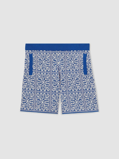 Reiss Tile Pattern Knit Shorts in Blue/White
