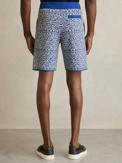 Reiss Tile Pattern Knit Shorts in Blue/White