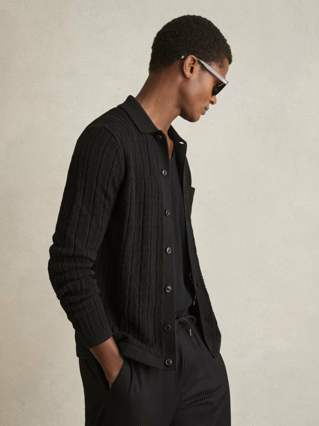 Reiss Cotton-Blend Textured Knit Shirt in Black