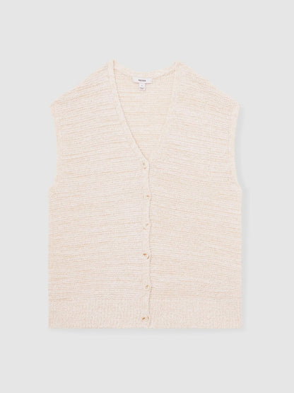 Reiss Cotton-Linen Button-Through Knit Top in Ivory
