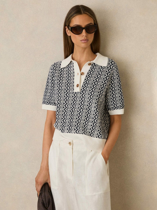 Reiss Zig-Zag Knit Polo Shirt in Blue/Ivory