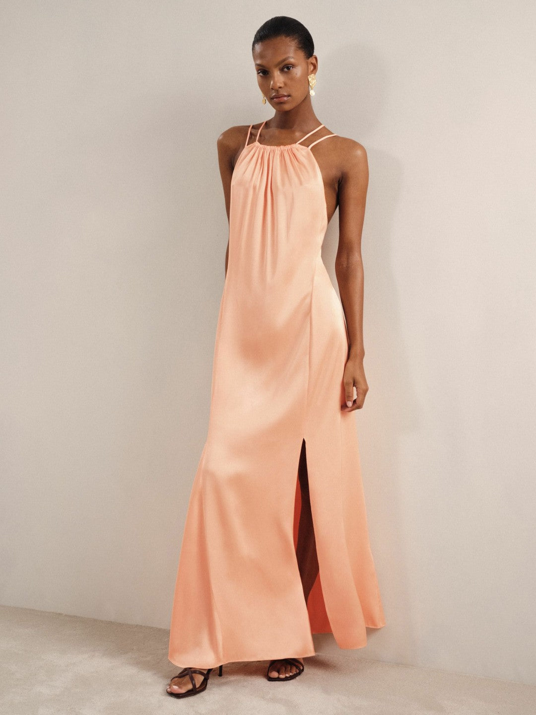 Reiss Petite Satin Halterneck Maxi Dress in Peach