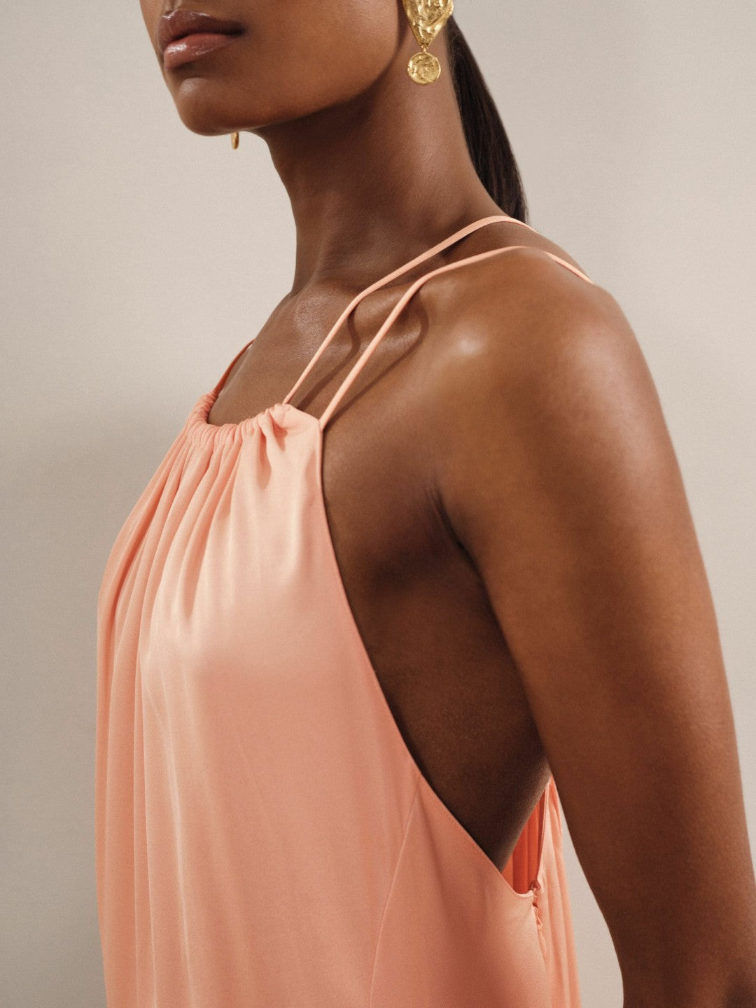 Reiss Petite Satin Halterneck Maxi Dress in Peach