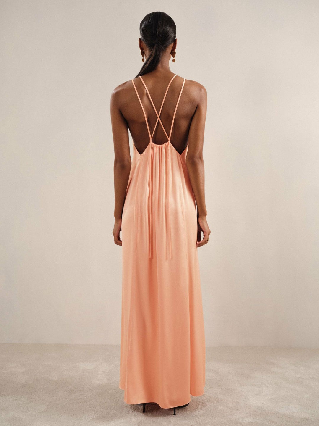 Reiss Petite Satin Halterneck Maxi Dress in Peach