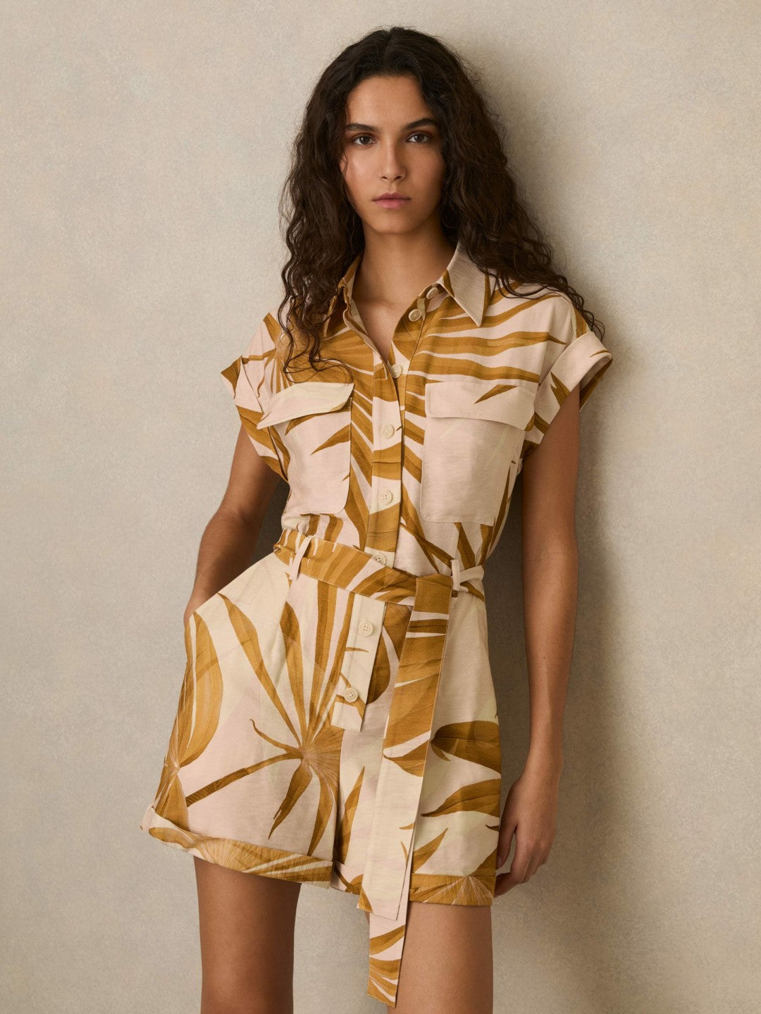 Reiss Palm Print Belted Playsuit in Neutral