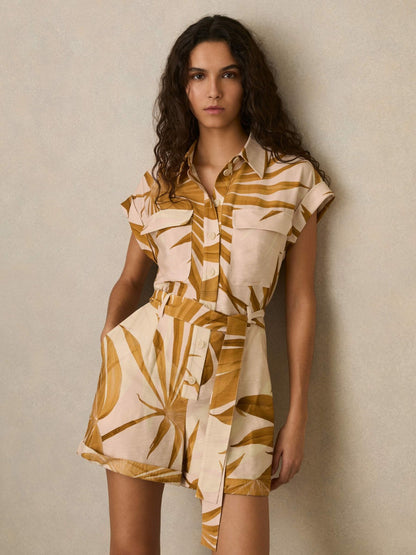 Reiss Palm Print Belted Playsuit in Neutral