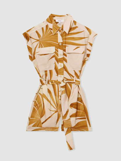 Reiss Palm Print Belted Playsuit in Neutral