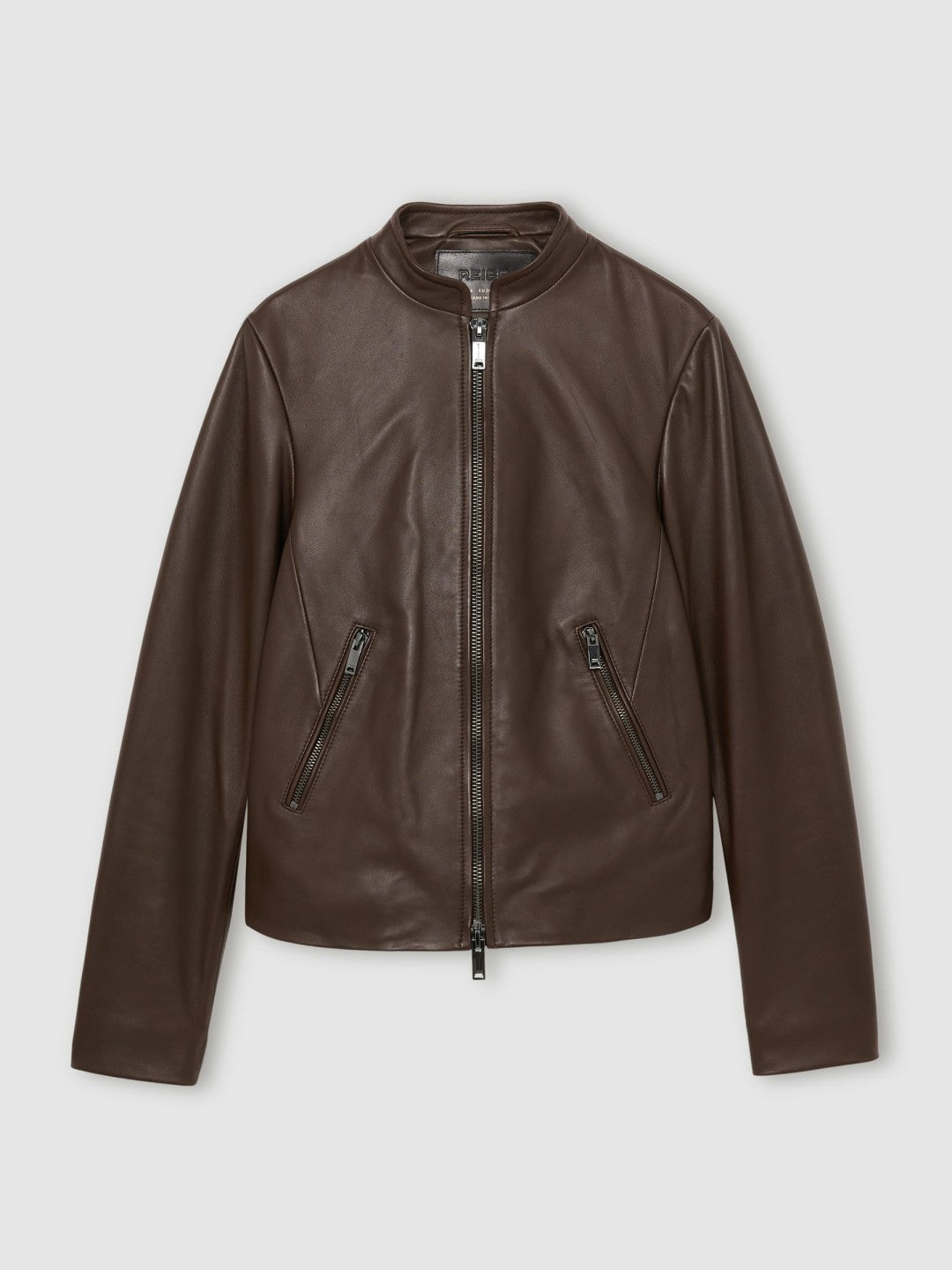 Reiss Leather Collarless Biker Jacket in Chocolate Brown