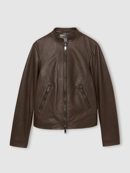 Reiss Leather Collarless Biker Jacket in Chocolate Brown