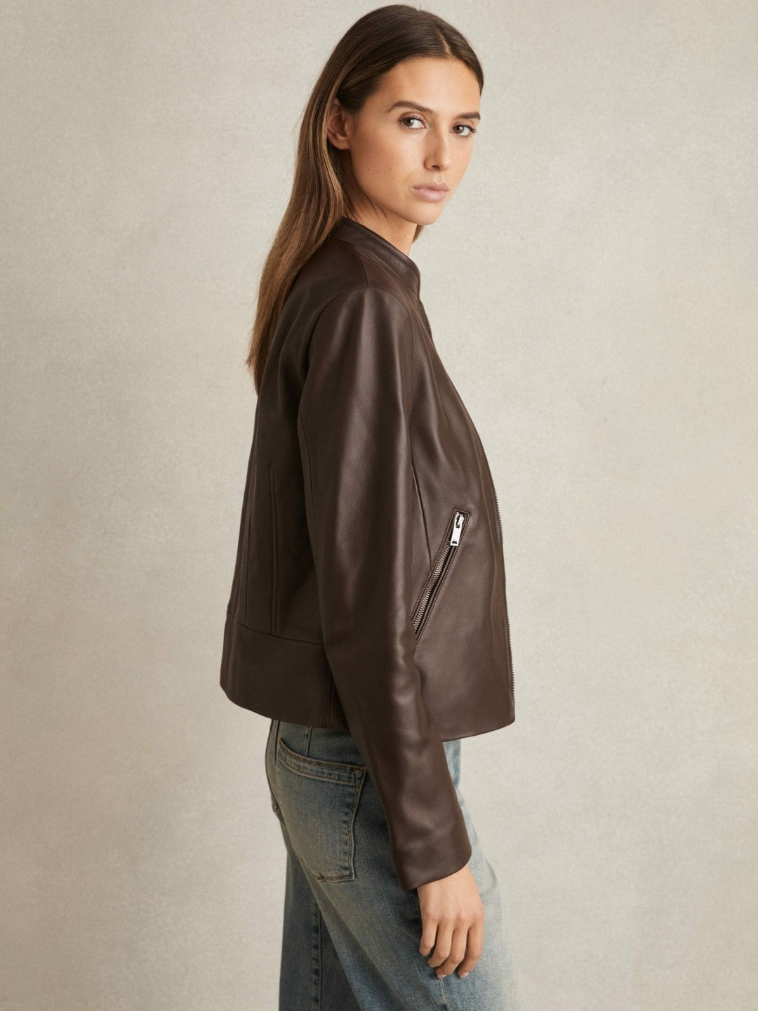 Reiss Leather Collarless Biker Jacket in Chocolate Brown