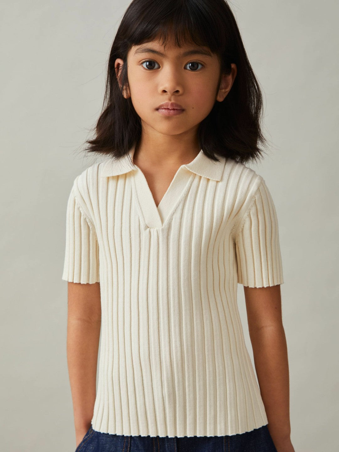 Reiss 4-9 yrs Rib-Knit Polo Top in Ivory