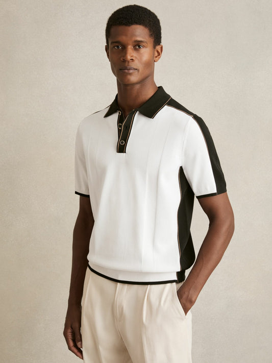 Reiss Colour-Block Knit Polo Shirt in Optic White/Green