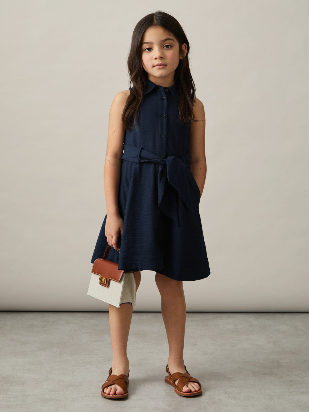 Reiss 13-14 yrs Tie-Waist Collared Dress in Blue
