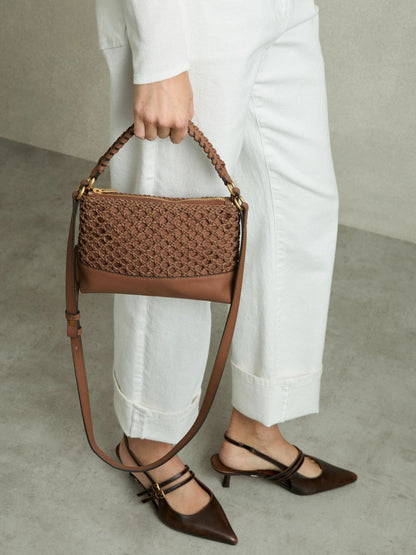 Reiss Weave Cross-Body Bag in Tan