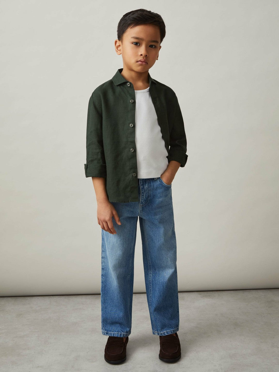 Reiss 3-9 yrs Linen Cutaway Collar Shirt in Dark Green