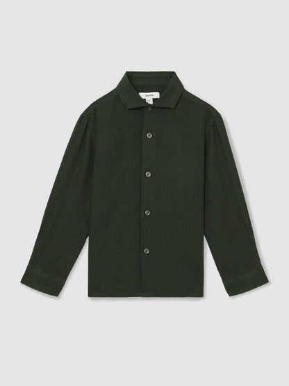 Reiss 3-9 yrs Linen Cutaway Collar Shirt in Dark Green