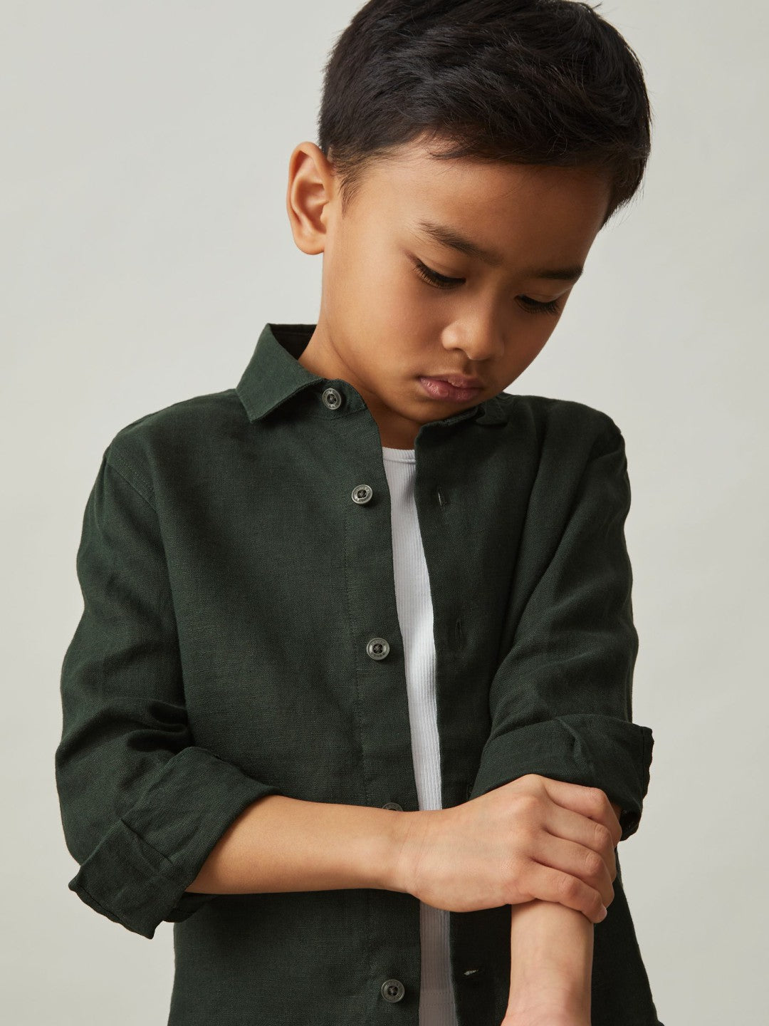 Reiss 3-9 yrs Linen Cutaway Collar Shirt in Dark Green