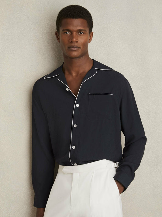 Reiss Cuban Collar Shirt with Piping Detail Shirt in Navy