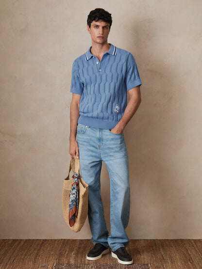 Reiss | Ché Cotton Pointelle Polo Shirt in Blue