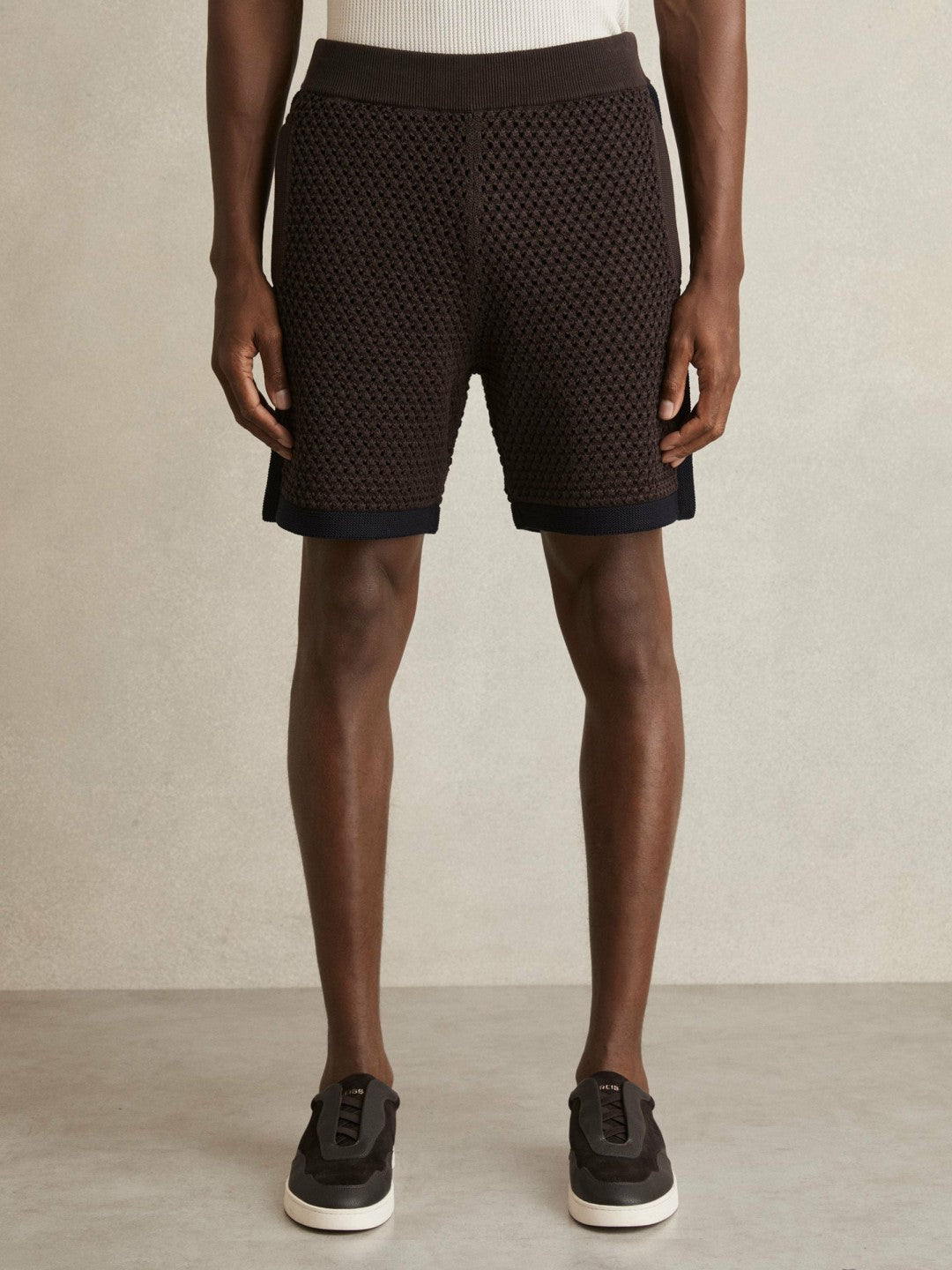 Reiss Cotton-Blend Crochet Shorts in Chocolate/Navy