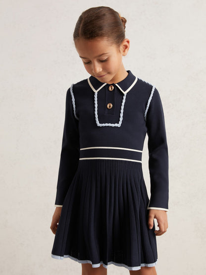 Reiss 3-9 yrs Piped Knitted Skater Dress in Navy