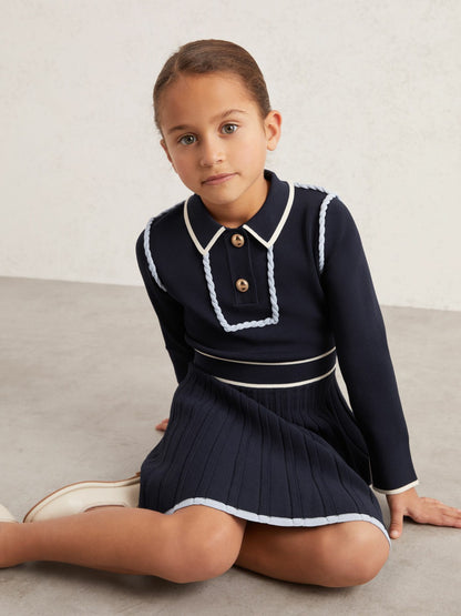 Reiss 3-9 yrs Piped Knitted Skater Dress in Navy