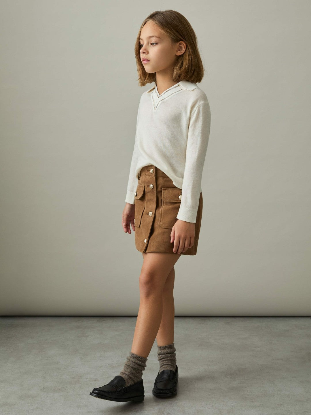 Reiss 4-9 yrs Suede Flap Pocket Skirt in Tan