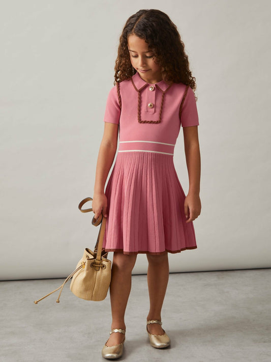 Reiss 9-13 yrs Twist-Piped Knitted Dress in Pink