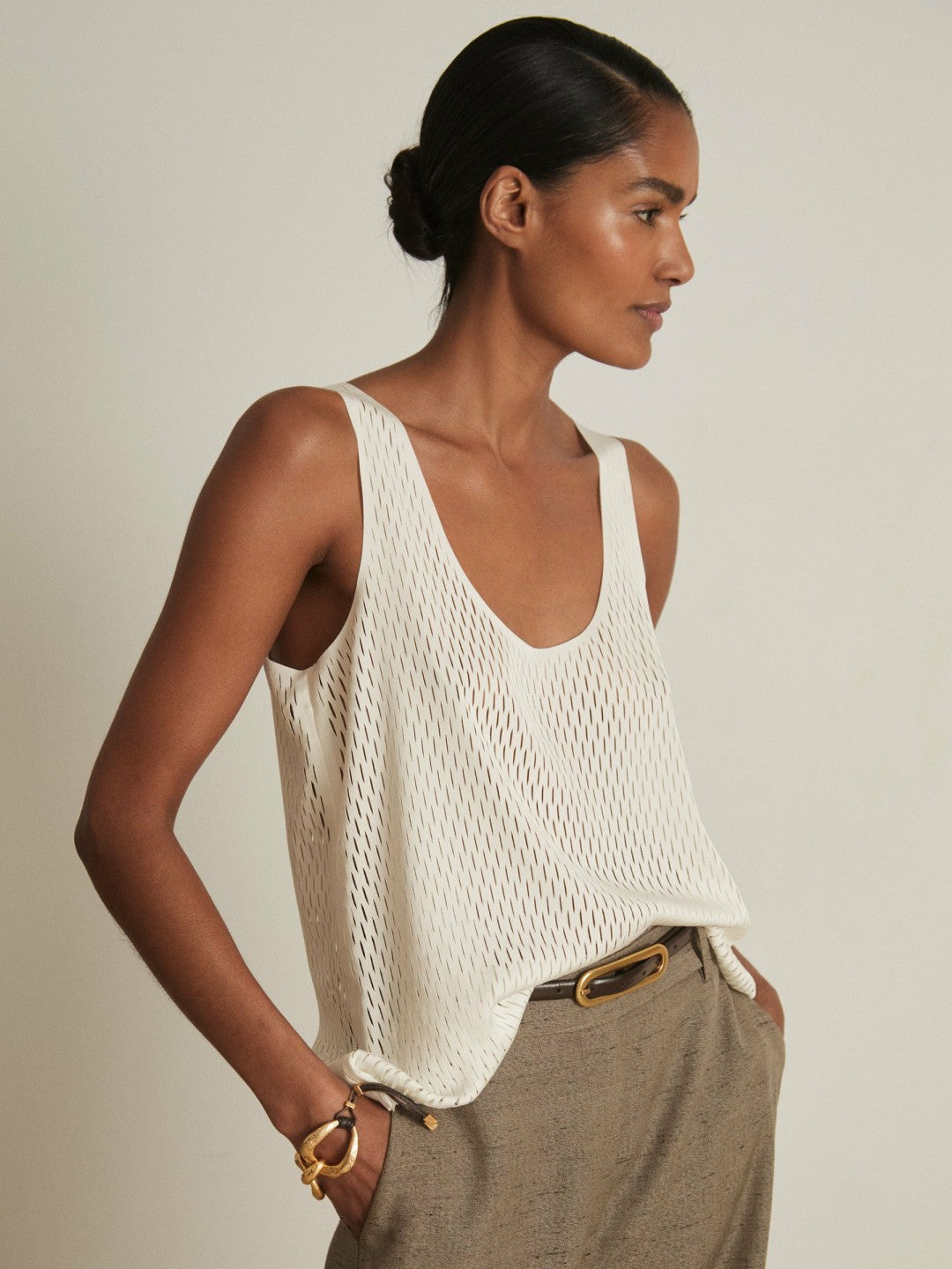 Reiss Atelier Laser-Cut Vest Top in Cream