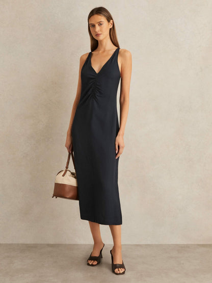 Reiss Ruched Sleeveless Midi Dress With Linen in Navy