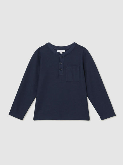Reiss 3-9 yrs Cotton-Blend Waffle Henley T-Shirt in Navy