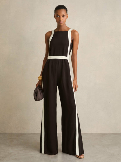 Reiss Colourblock Wide Leg Belted Jumpsuit in Chocolate/Cream