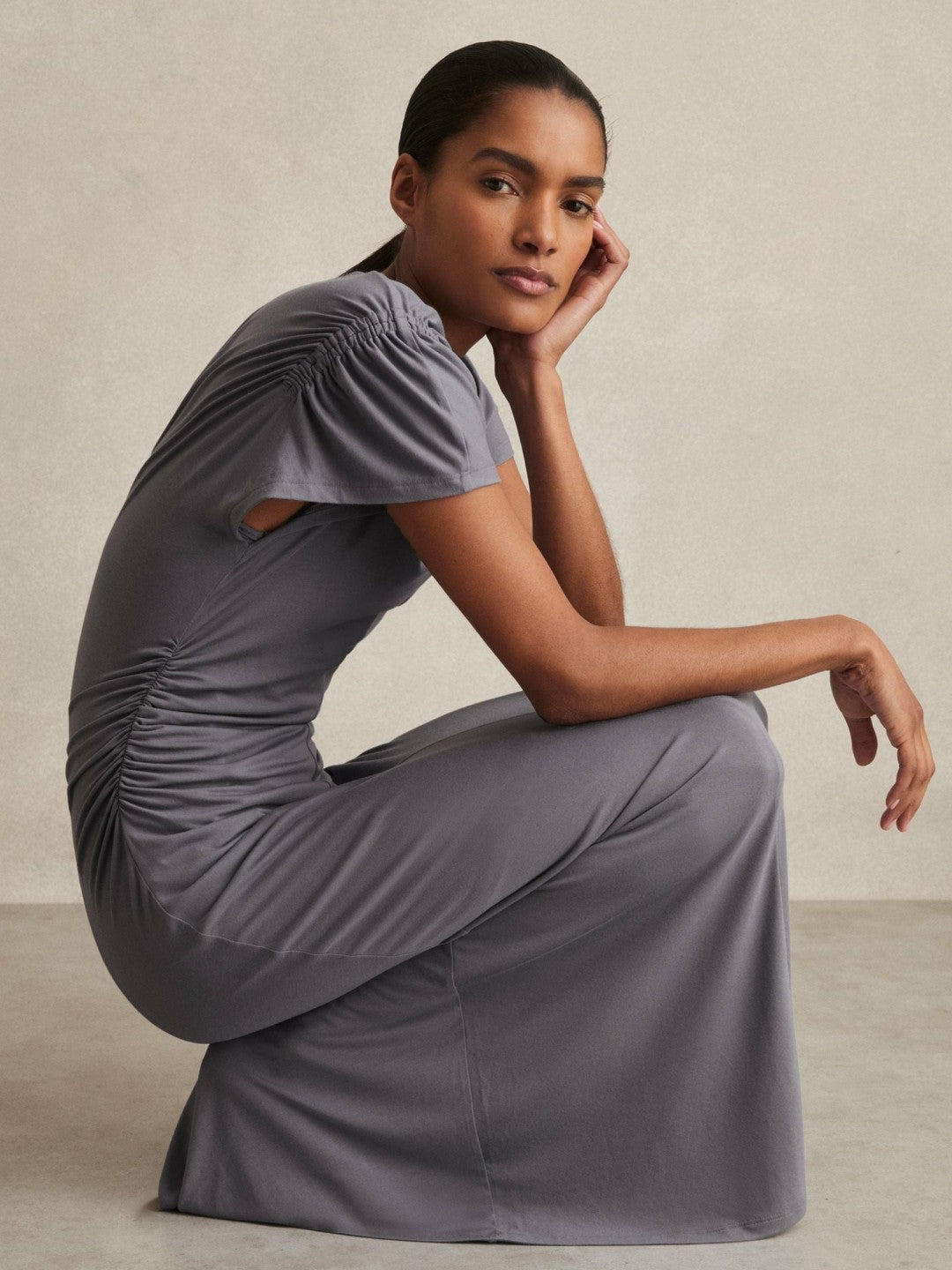 Reiss Modal Blend Ruched Jersey Dress in Grey