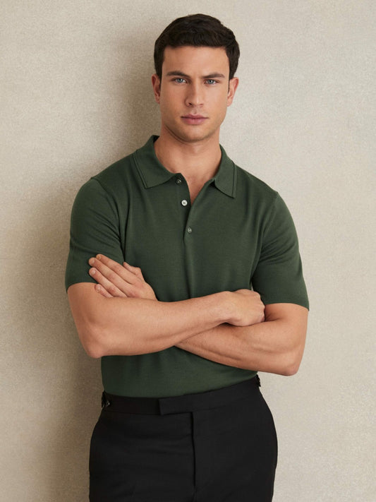 Reiss Merino Wool Short-Sleeve Polo Shirt in Kale Green