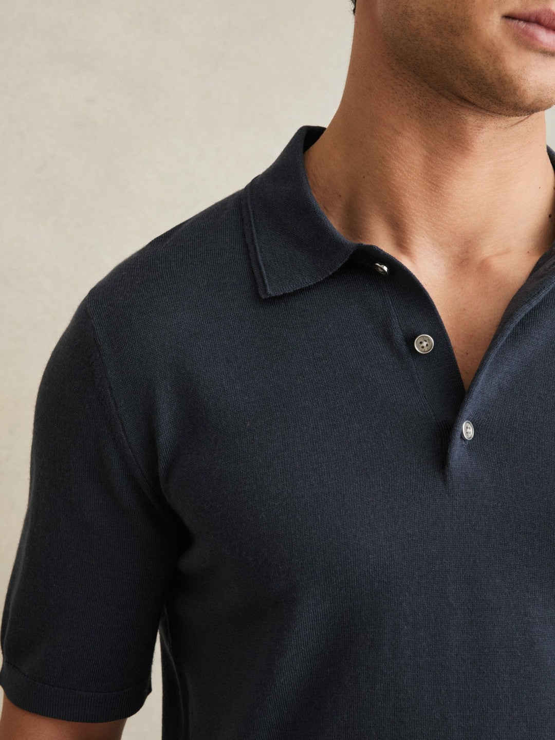 Reiss Merino Wool Short-Sleeve Polo Shirt in Midnight Navy
