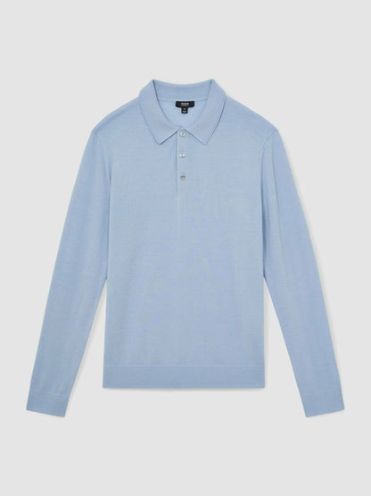 Reiss Merino Wool Long-Sleeve Polo Shirt in Soft Blue