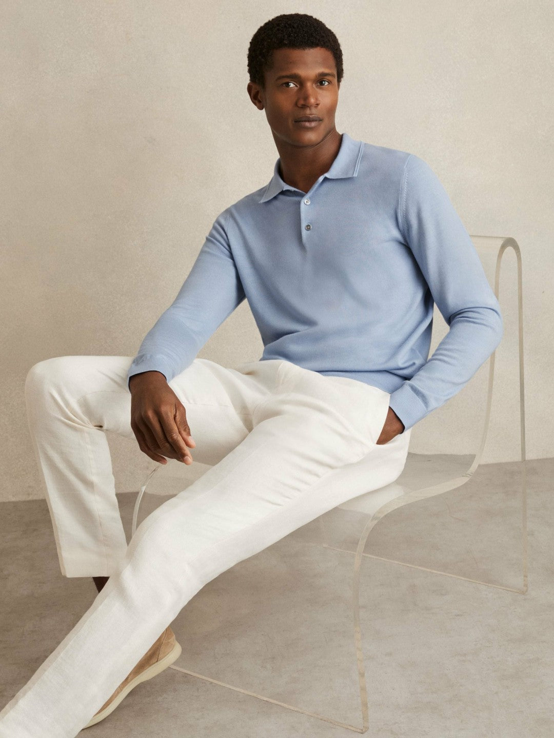 Reiss Merino Wool Long-Sleeve Polo Shirt in Soft Blue